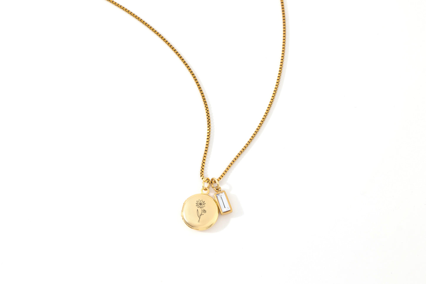 Family Birth Flower Locket Necklace with Birthstone in gold tone with April birthstone