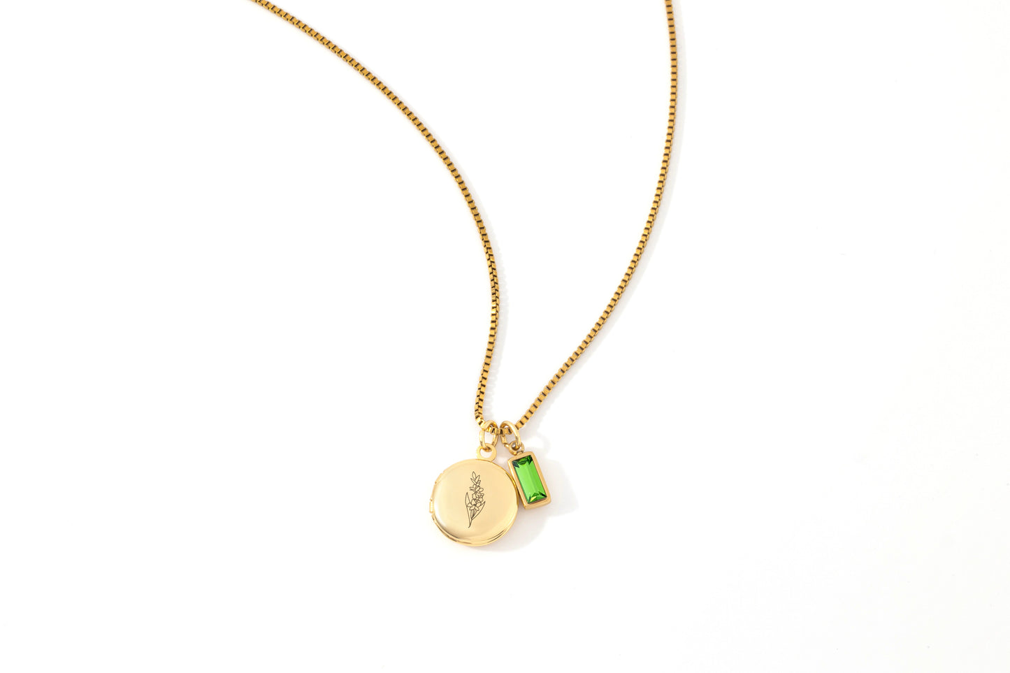 Family Birth Flower Locket Necklace with Birthstone in gold tone with August birthstone