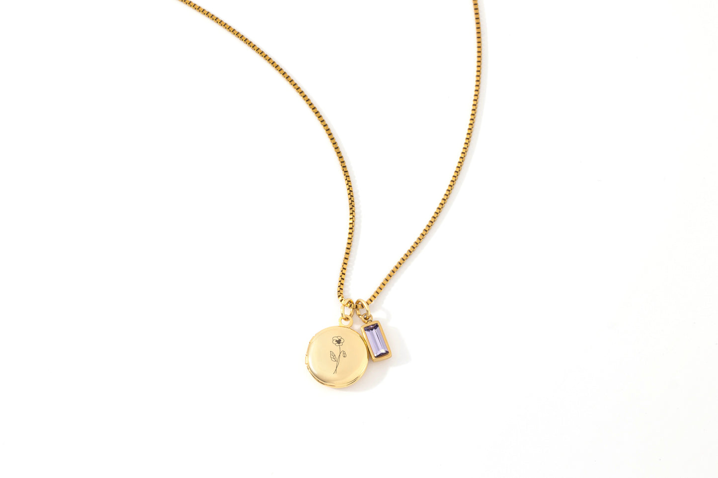 Family Birth Flower Locket Necklace with Birthstone in gold tone with February birthstone