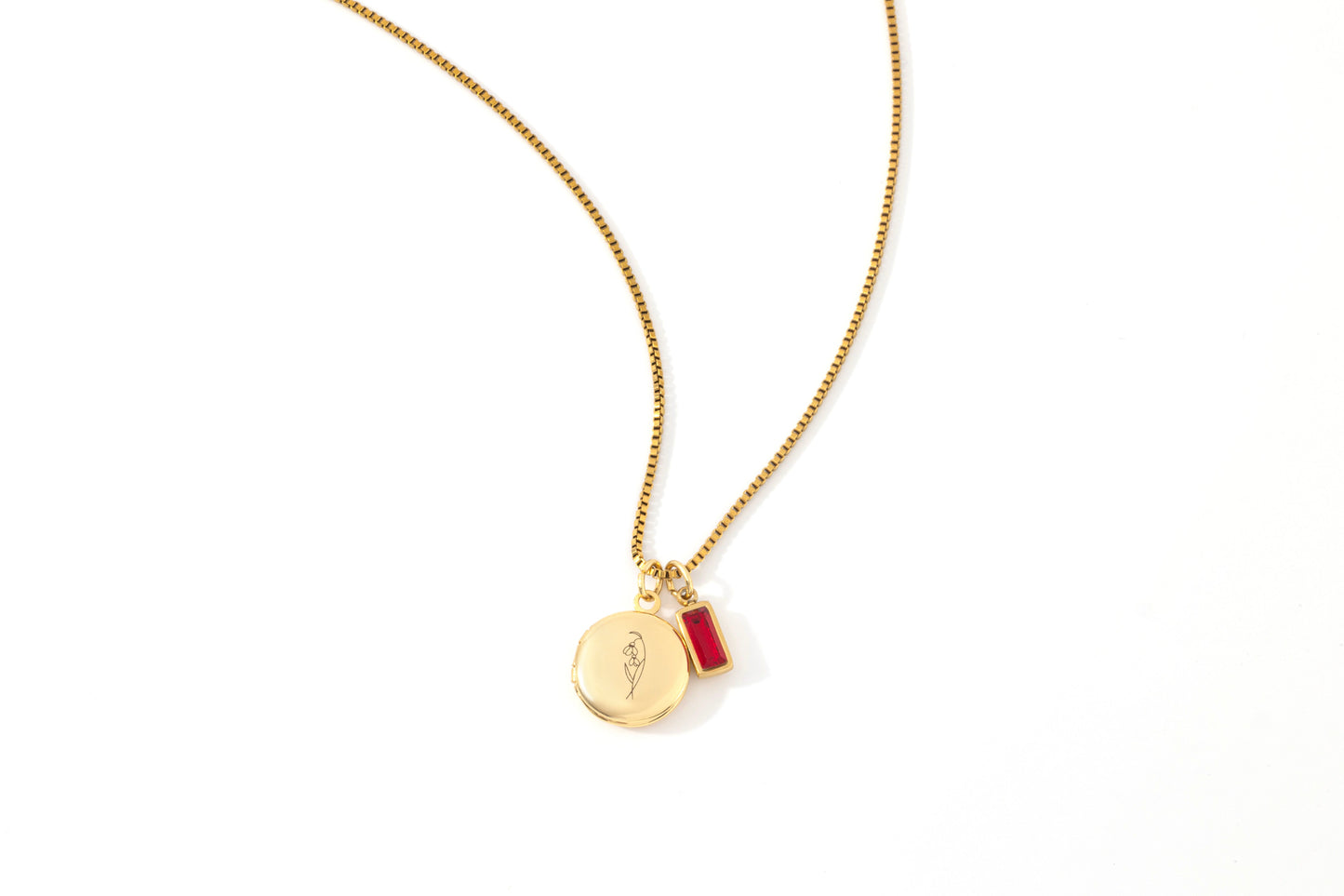 Family Birth Flower Locket Necklace with Birthstone in gold tone with January birthstone