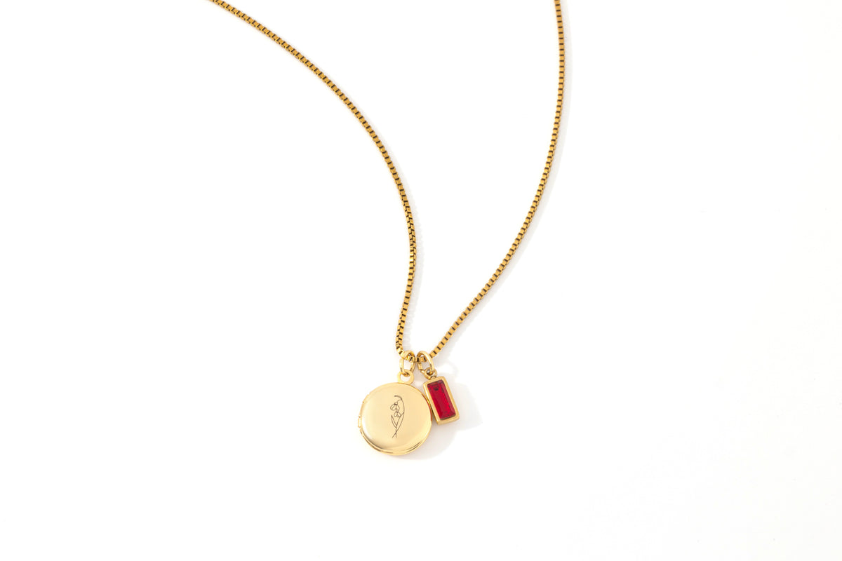Family Birth Flower Locket Necklace with Birthstone in gold tone with January birthstone