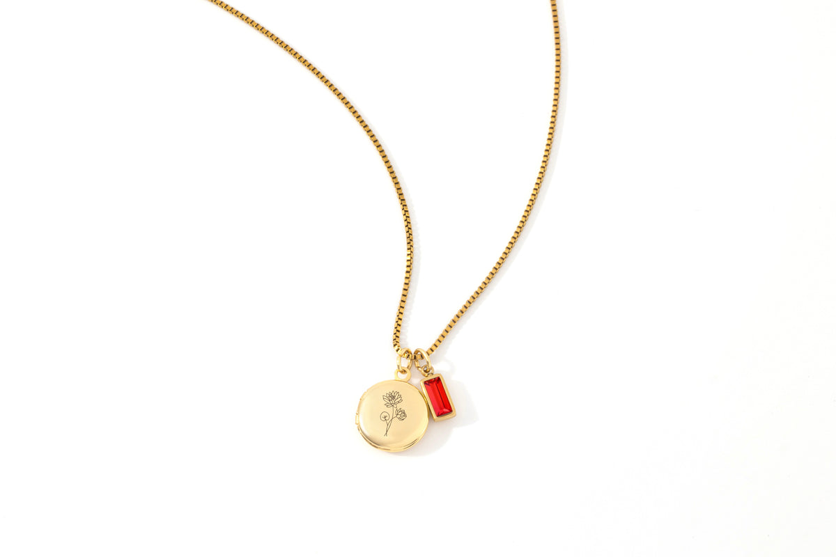 Family Birth Flower Locket Necklace with Birthstone in gold tone with July birthstone
