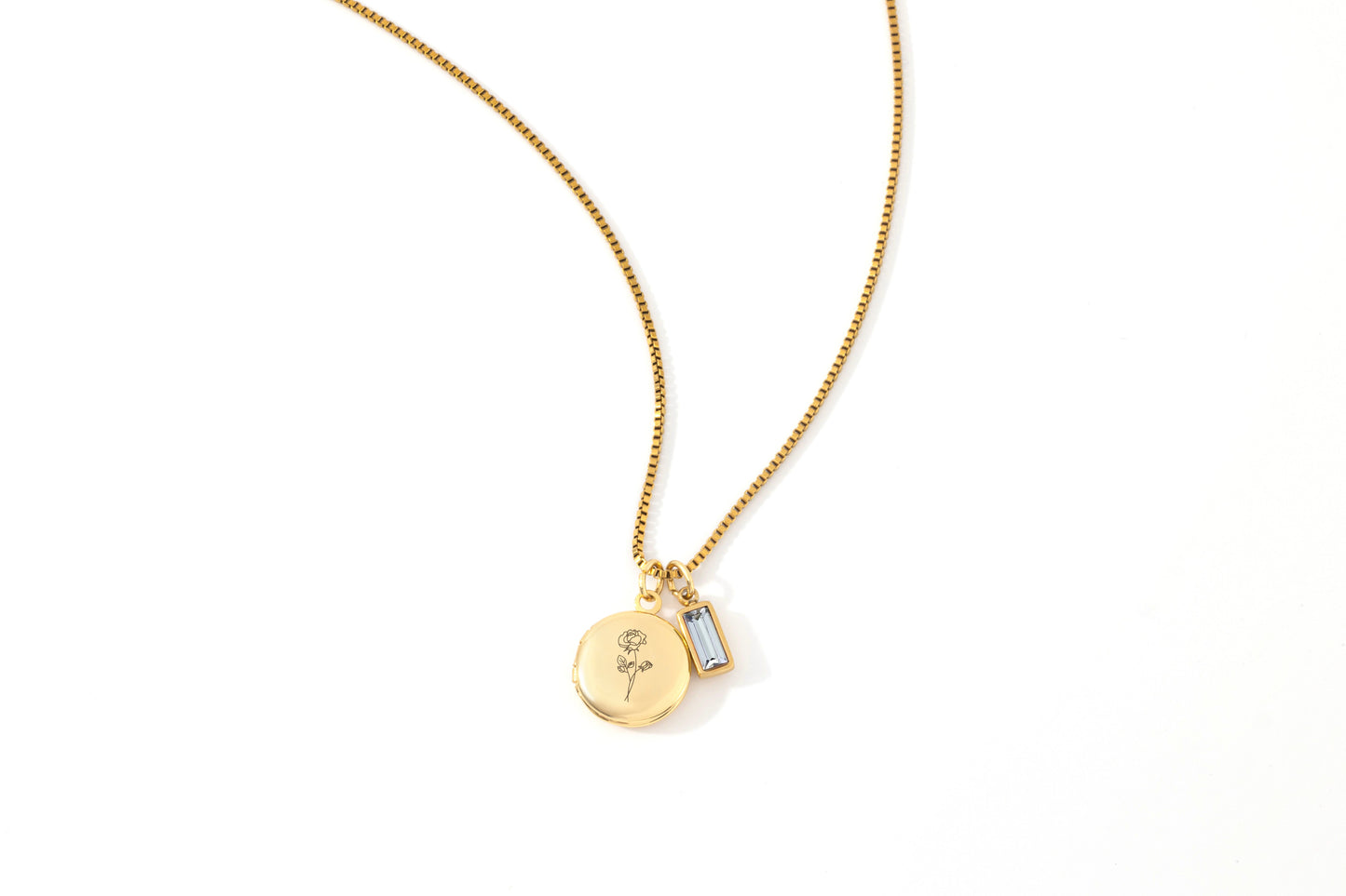 Family Birth Flower Locket Necklace with Birthstone in gold tone with June birthstone