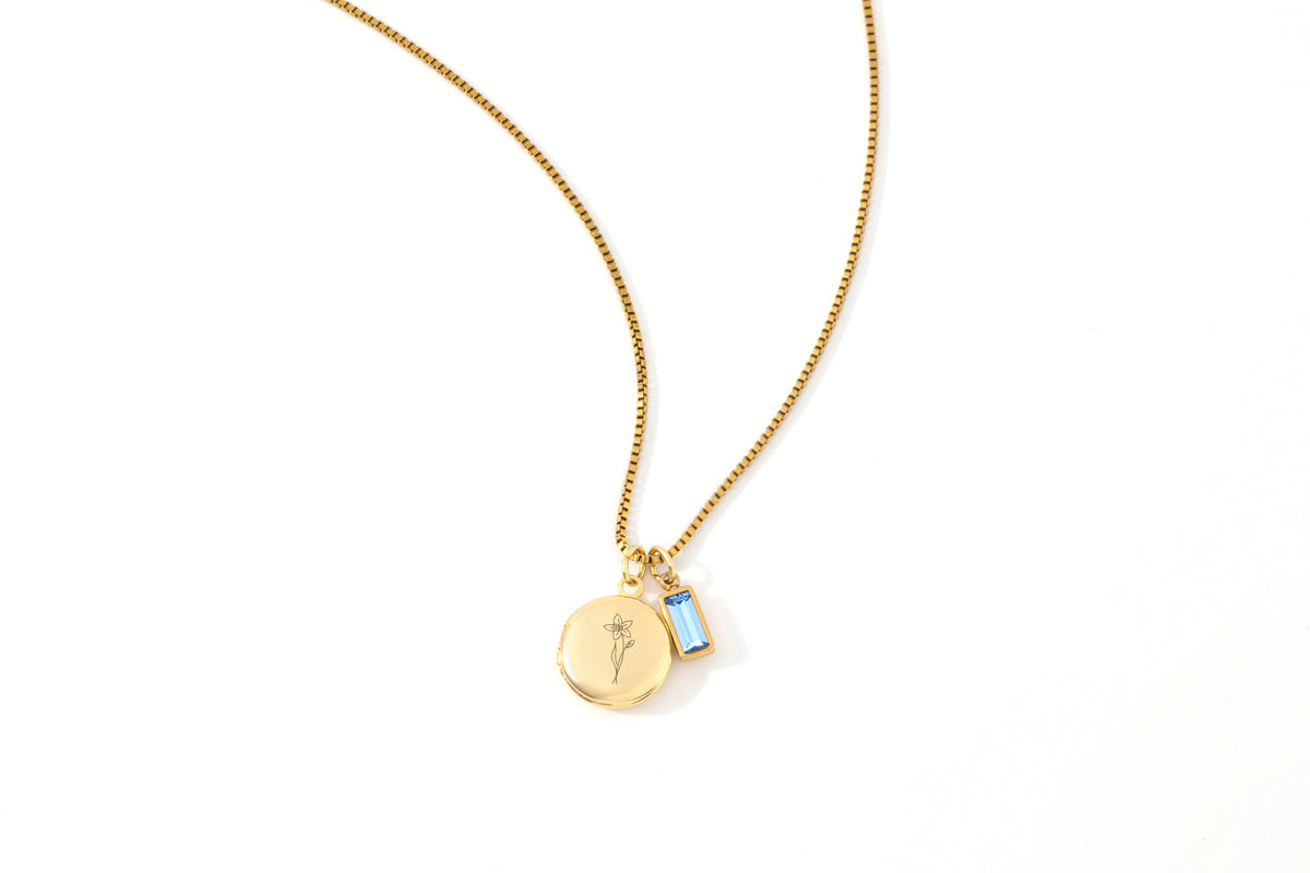 Family Birth Flower Locket Necklace with Birthstone in gold tone with March birthstone