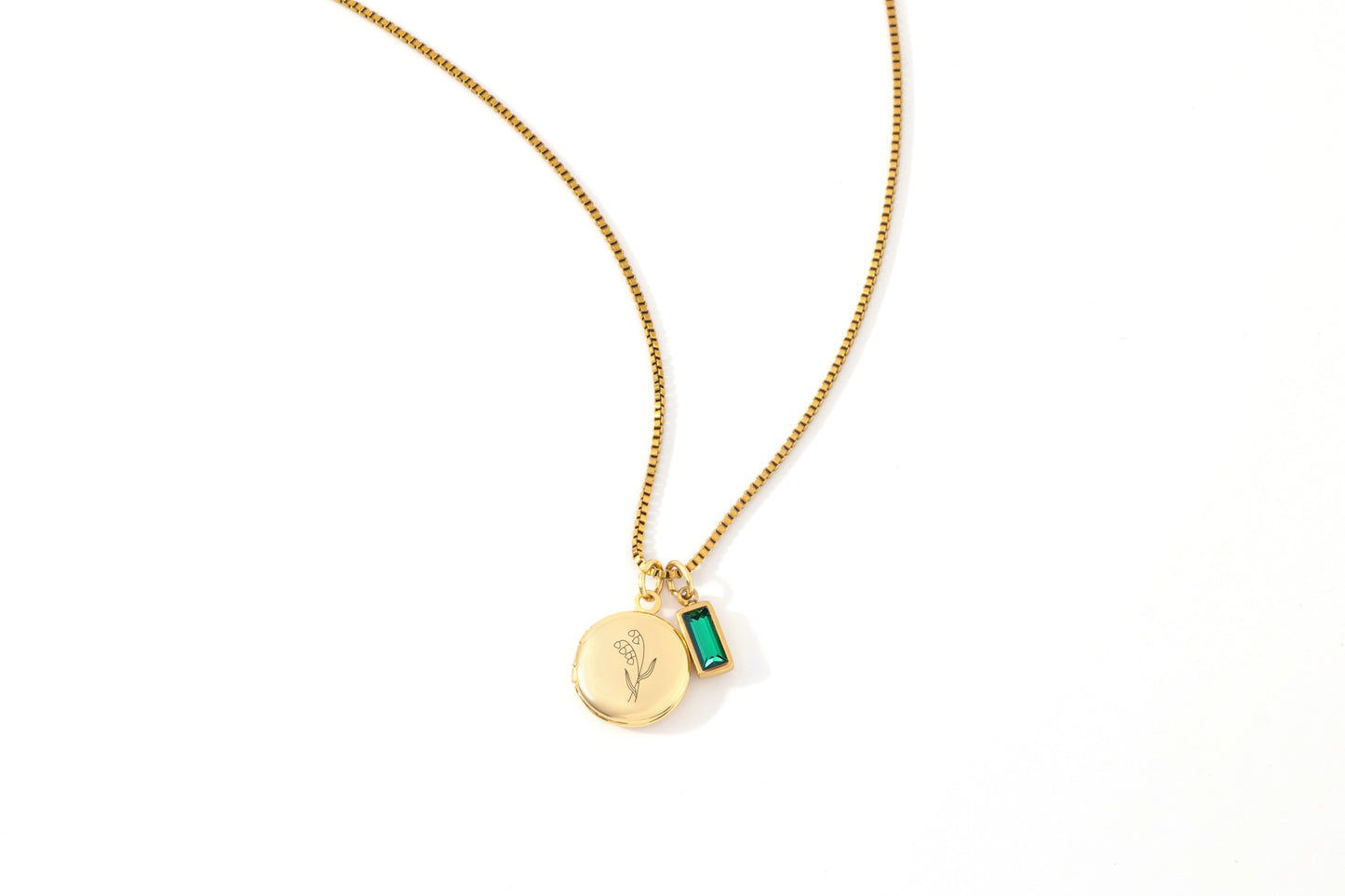 Family Birth Flower Locket Necklace with Birthstone in gold tone with May birthstone