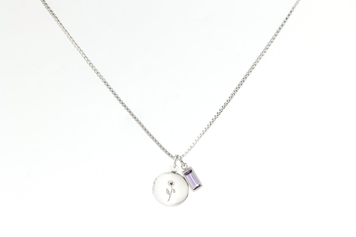 Family Birth Flower Locket Necklace with Birthstone in 925 sterling silver with February birthstone