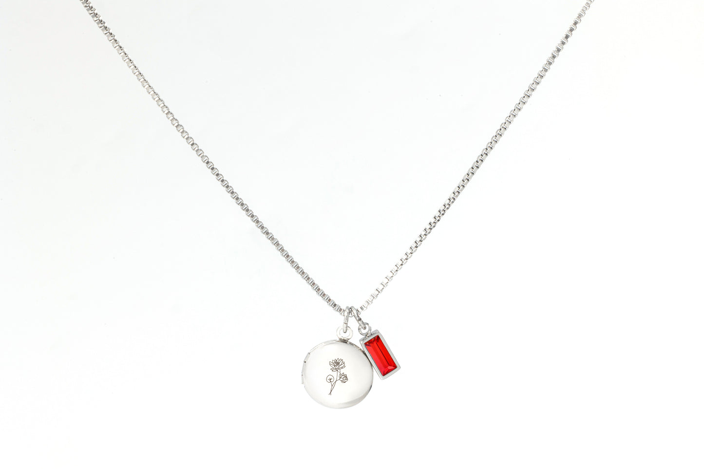 Family Birth Flower Locket Necklace with Birthstone in 925 sterling silver with July birthstone