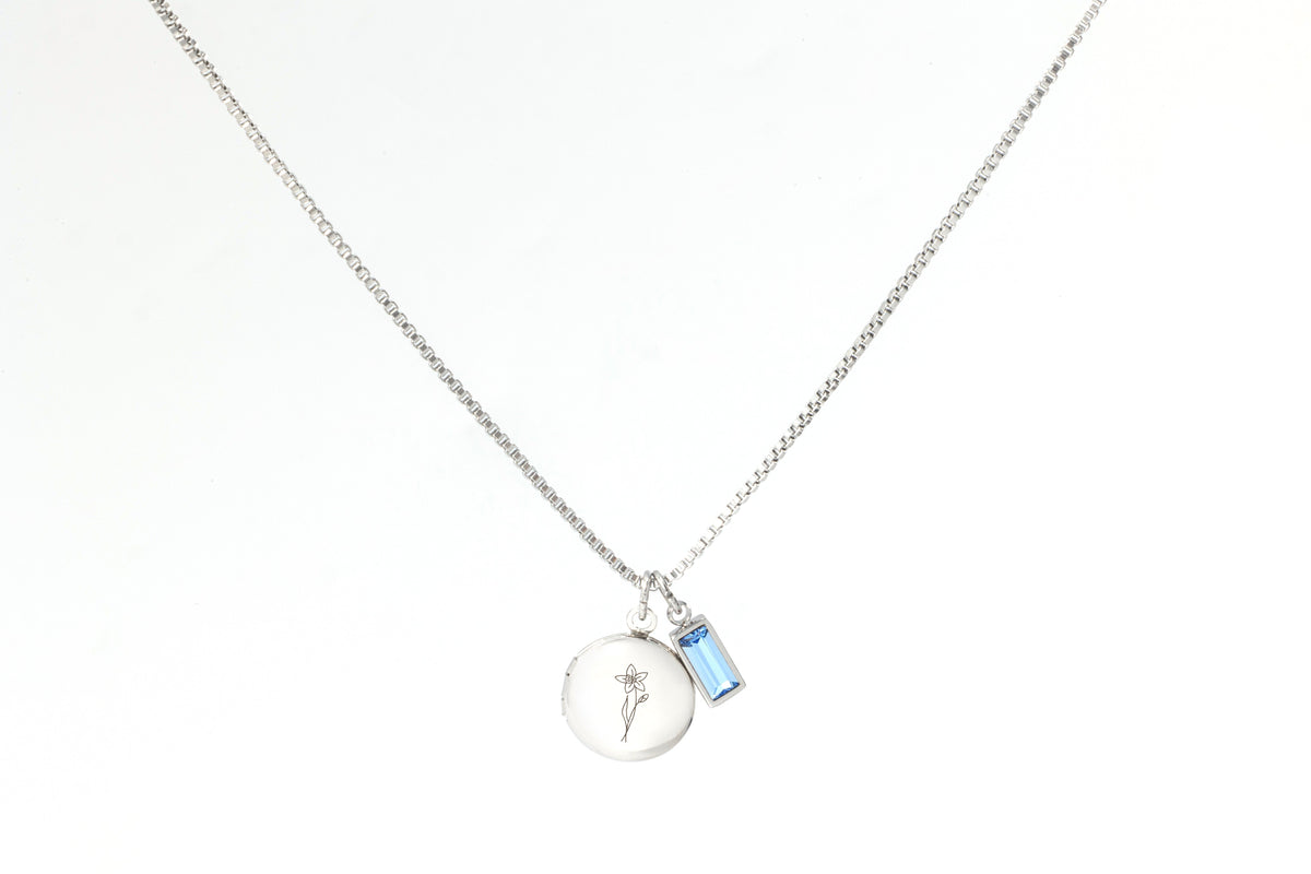 Family Birth Flower Locket Necklace with Birthstone in 925 sterling silver with March birthstone