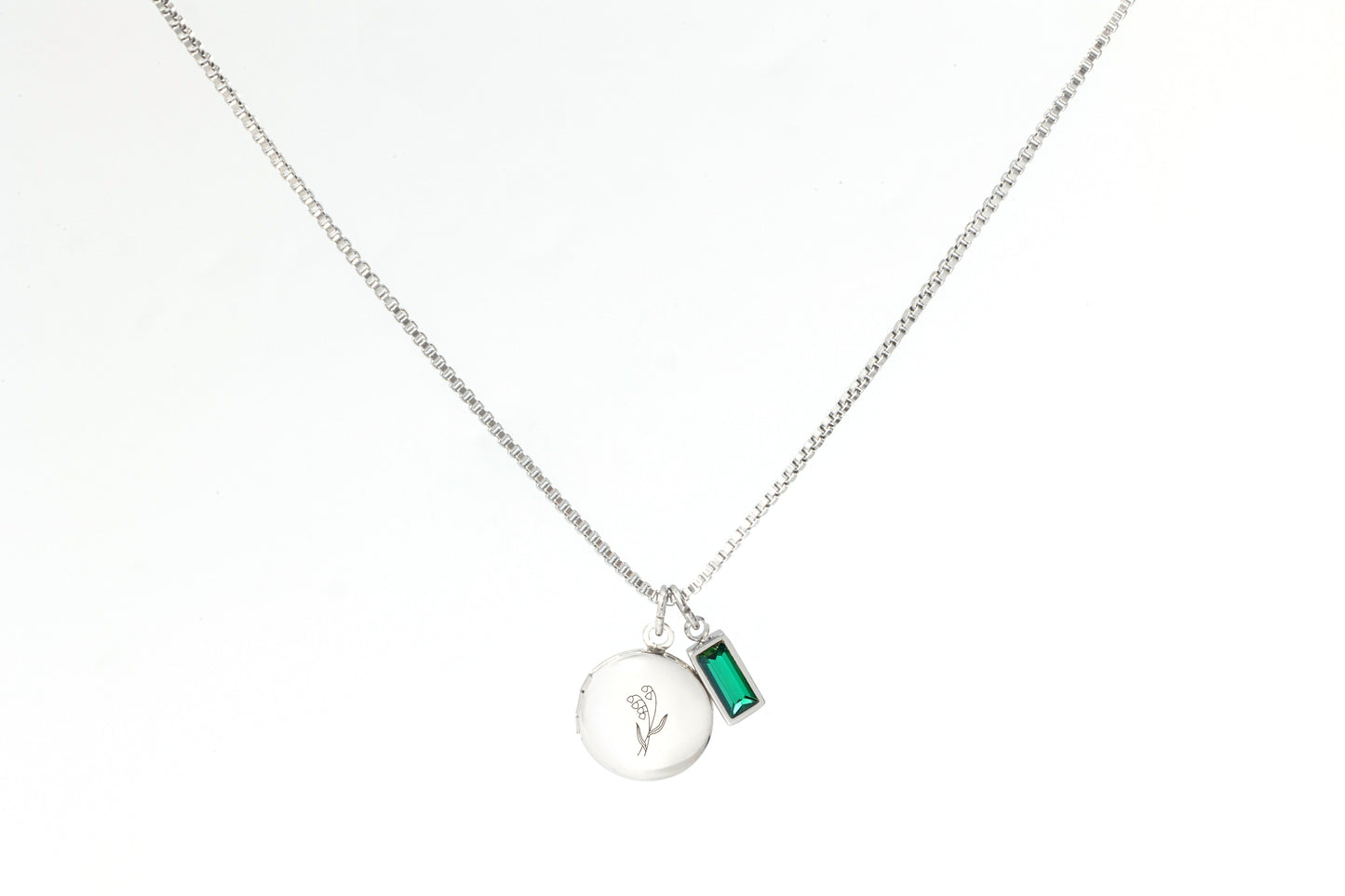 Family Birth Flower Locket Necklace with Birthstone in 925 sterling silver with May birthstone