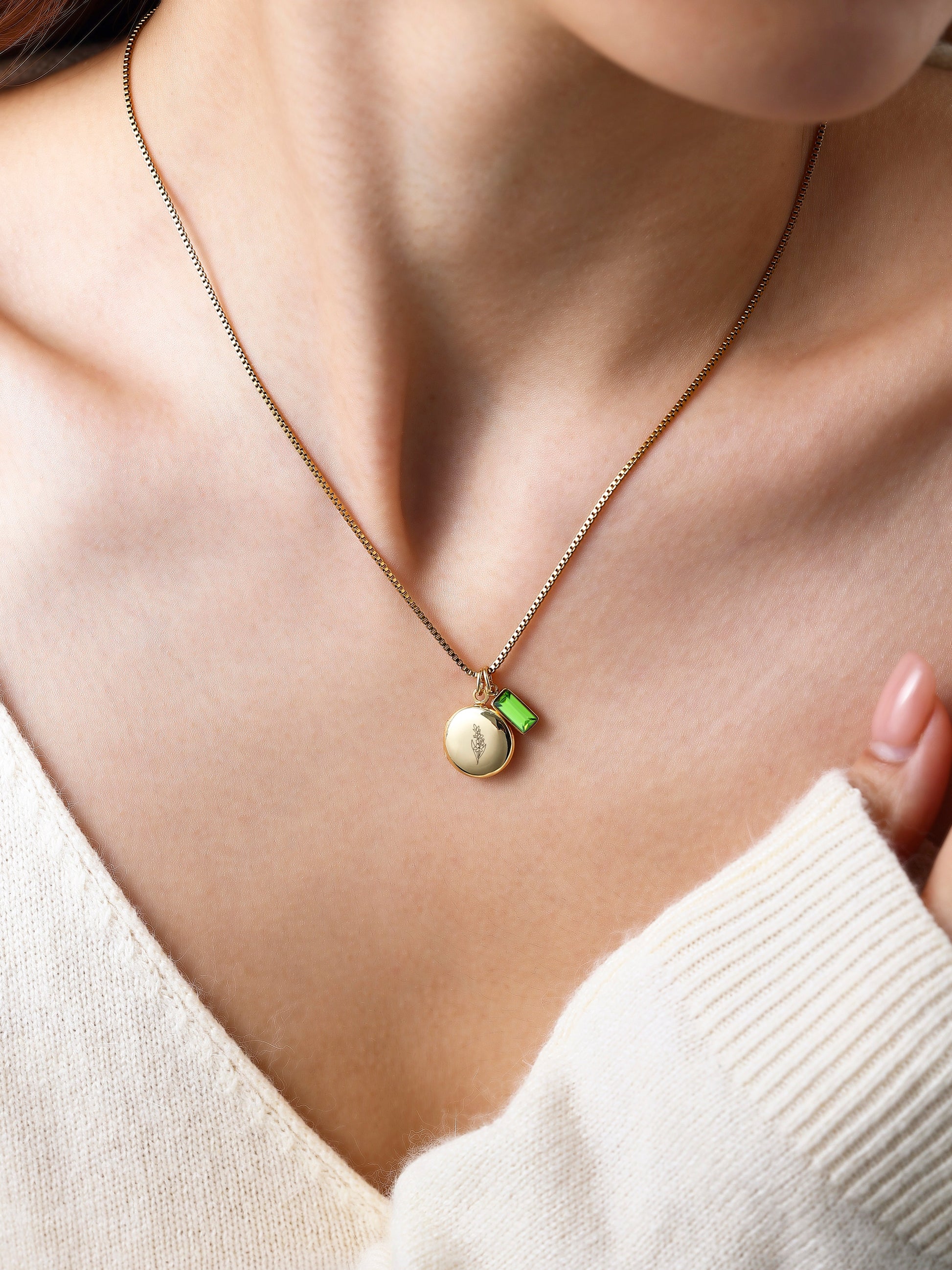 Family Birth Flower Locket Necklace with Birthstone with August birthstone, worn on a model