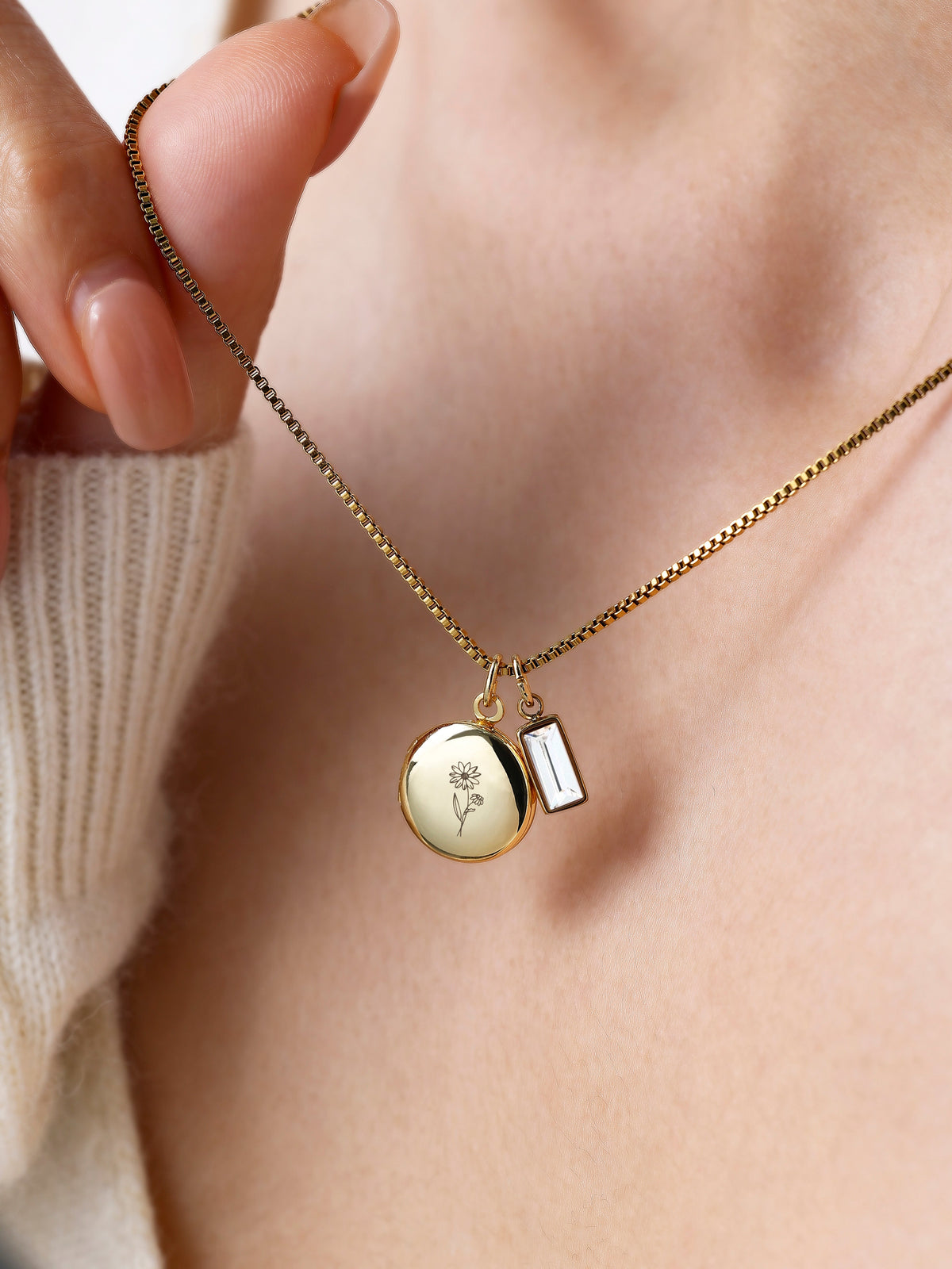 Family Birth Flower Locket Necklace with Birthstone with April birthstone, worn on a model