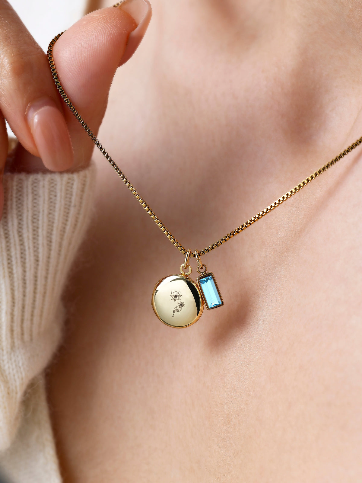 Family Birth Flower Locket Necklace with Birthstone with December birthstone, worn on a model