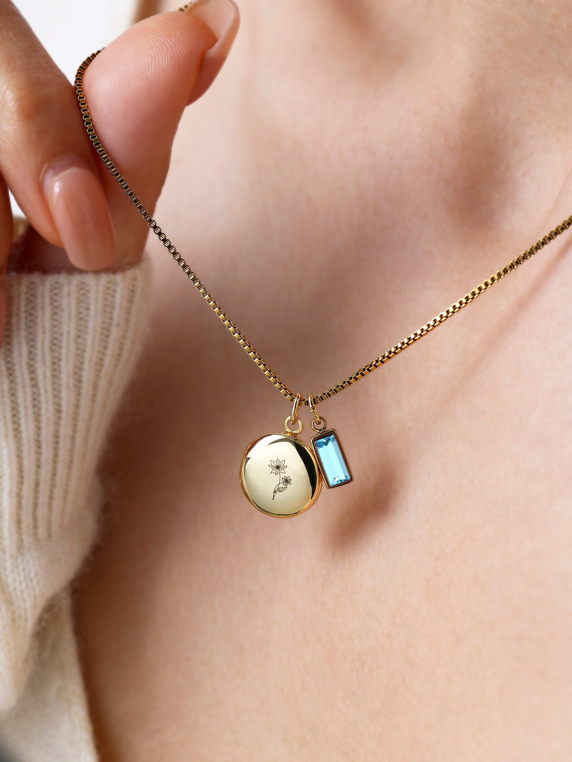 Family Birth Flower Locket Necklace with Birthstone with December birthstone, worn on a model