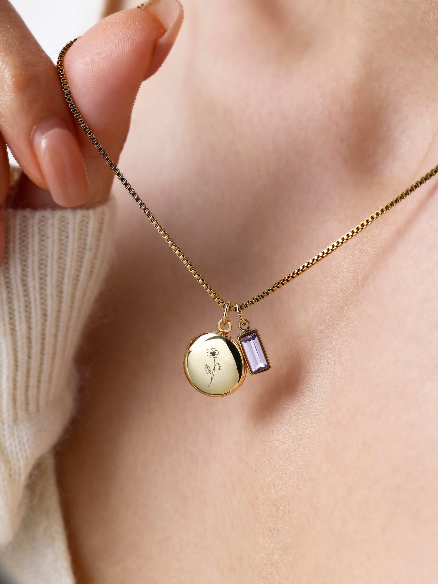 Family Birth Flower Locket Necklace with Birthstone with February birthstone, worn on a model