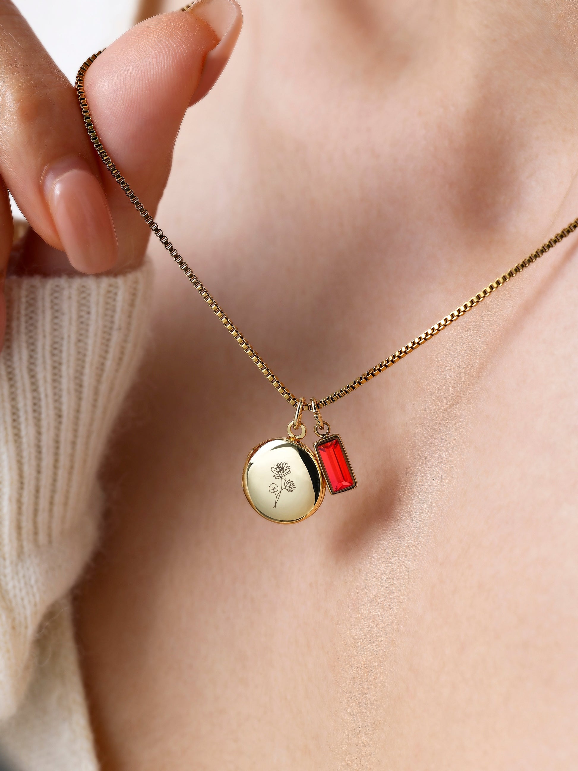 Family Birth Flower Locket Necklace with Birthstone with July birthstone, worn on a model