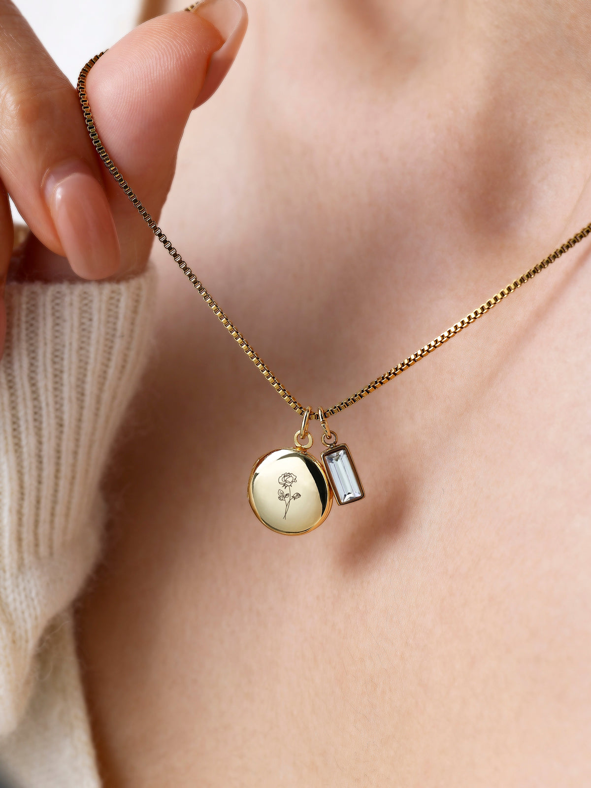 Family Birth Flower Locket Necklace with Birthstone with June birthstone, worn on a model