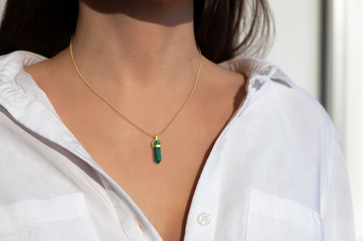 Gemstone Point Necklace in gold tone, worn on a model