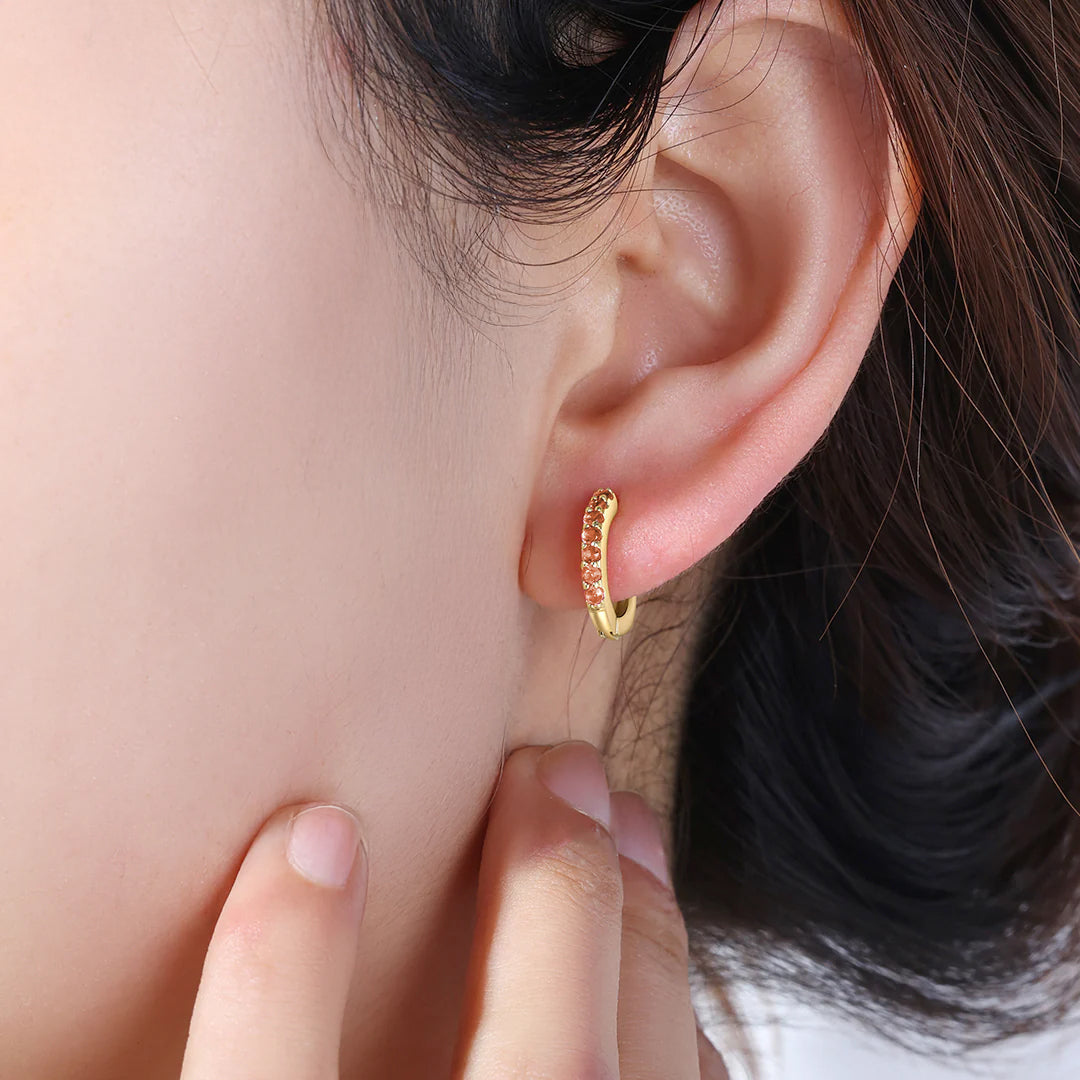 Gemstone Sleeper Huggie Hoop Earrings, worn on a model