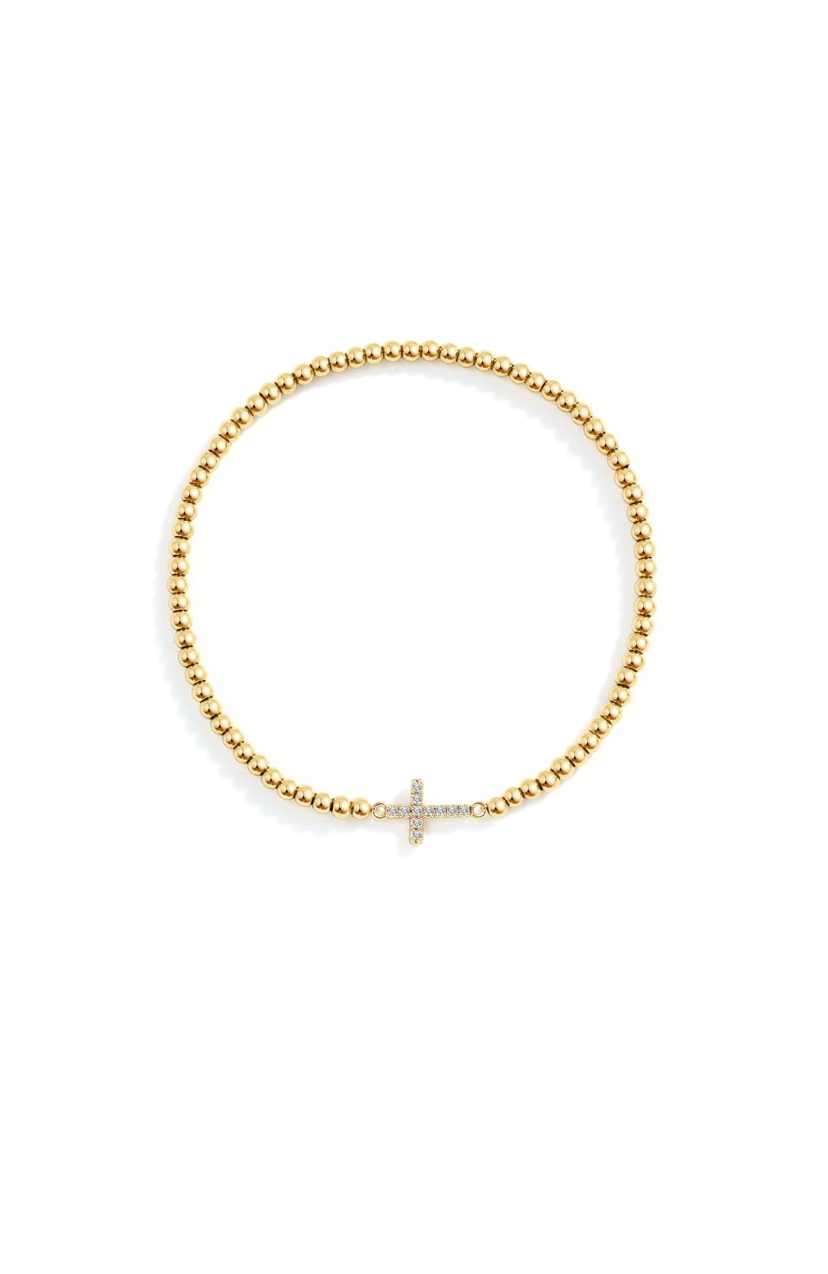 Gold Beaded Cross Stretch Bracelet, flat lay detail