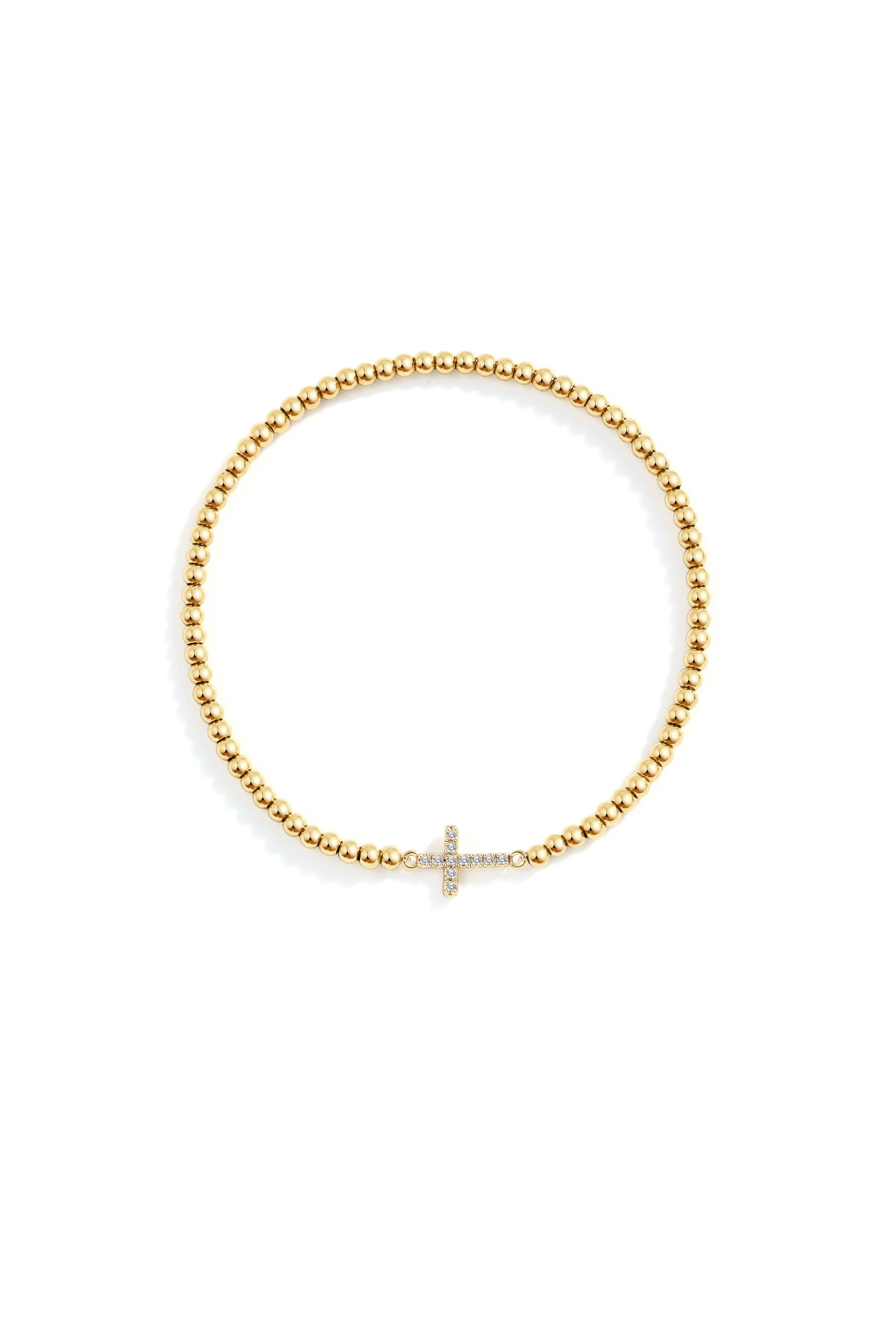 Gold Beaded Cross Stretch Bracelet in gold tone, flat lay detail