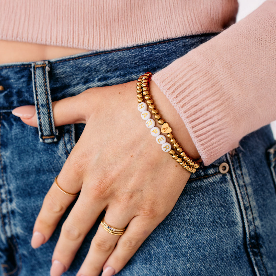 Gold Beaded Bracelet with Heart Initial