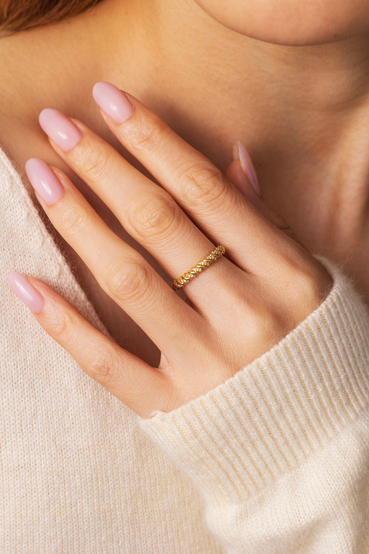 Golden Helix Ring, worn on a model