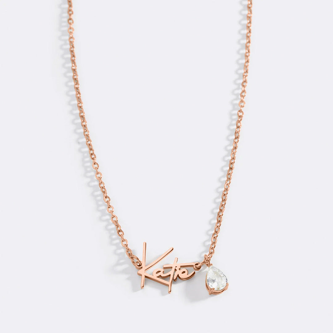 Handmade Birthstone Name Necklace in rose gold tone with April birthstone