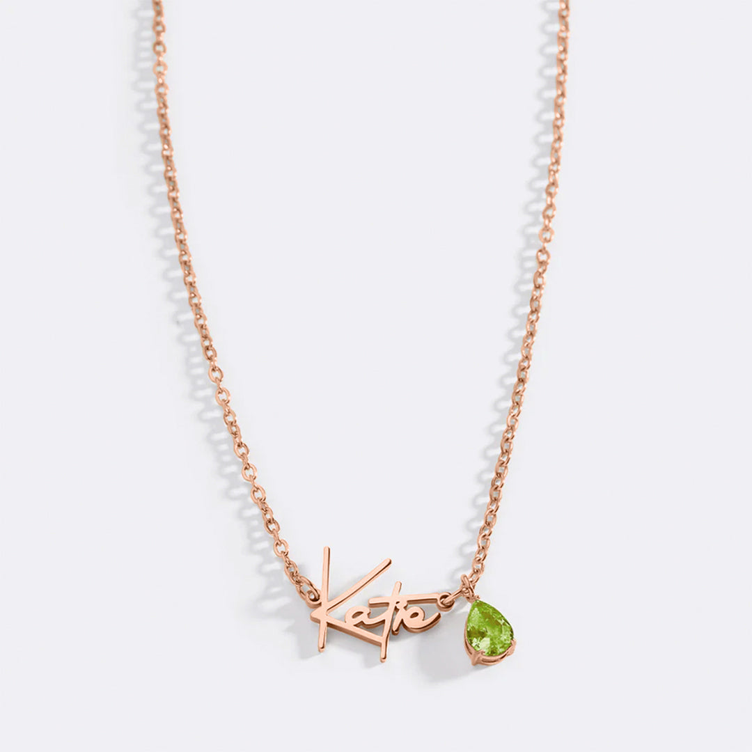 Handmade Birthstone Name Necklace in rose gold tone with August birthstone