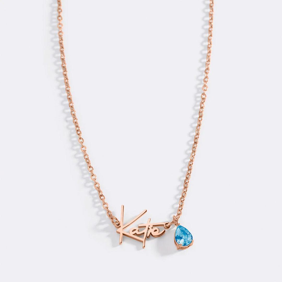 Handmade Birthstone Name Necklace in rose gold tone with December birthstone