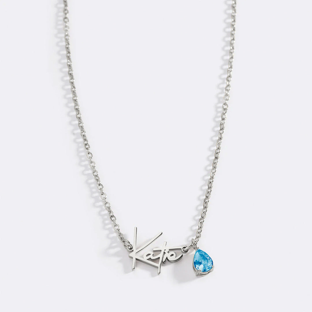 Handmade Birthstone Name Necklace in 925 sterling silver with December birthstone