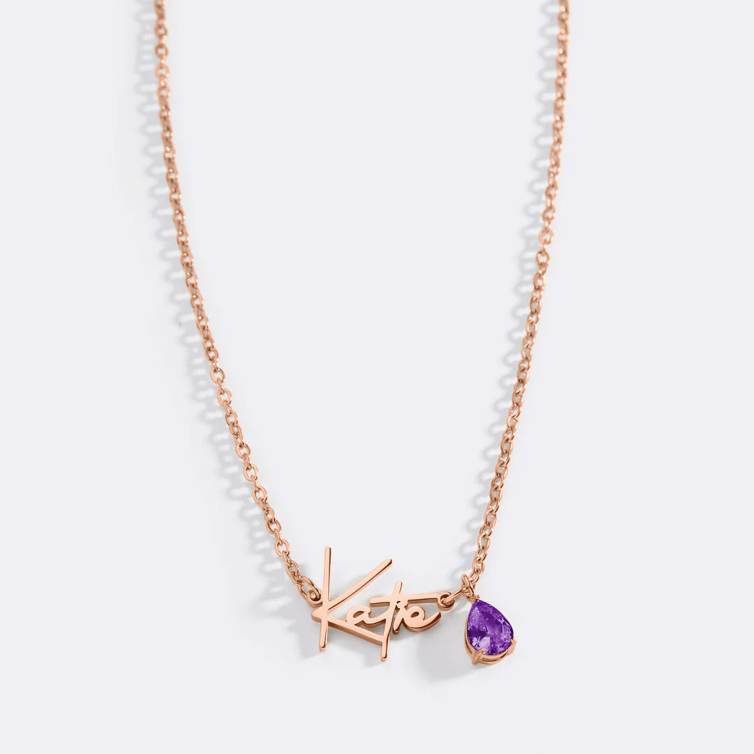 Handmade Birthstone Name Necklace in rose gold tone