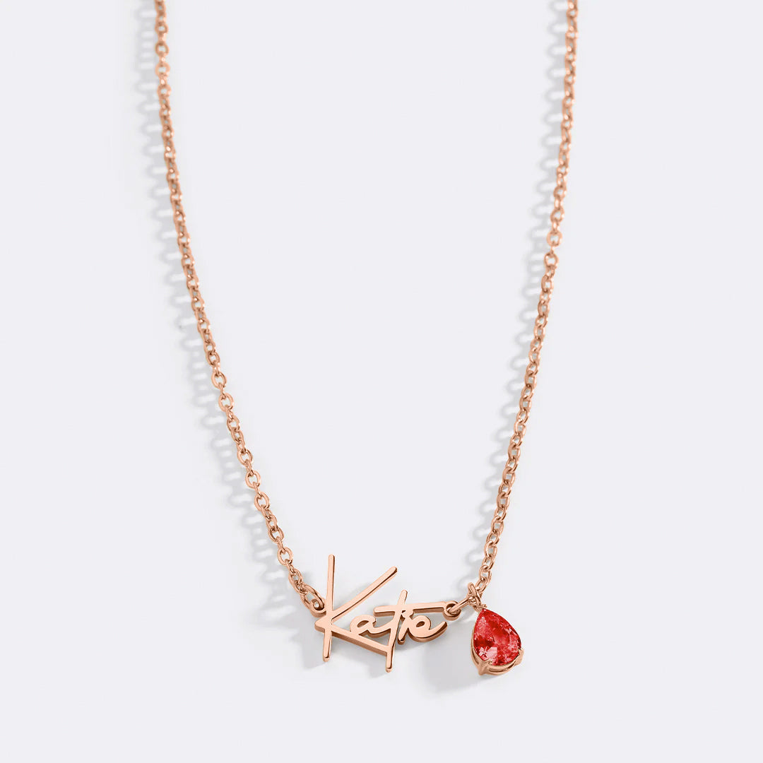 Handmade Birthstone Name Necklace in rose gold tone with January birthstone
