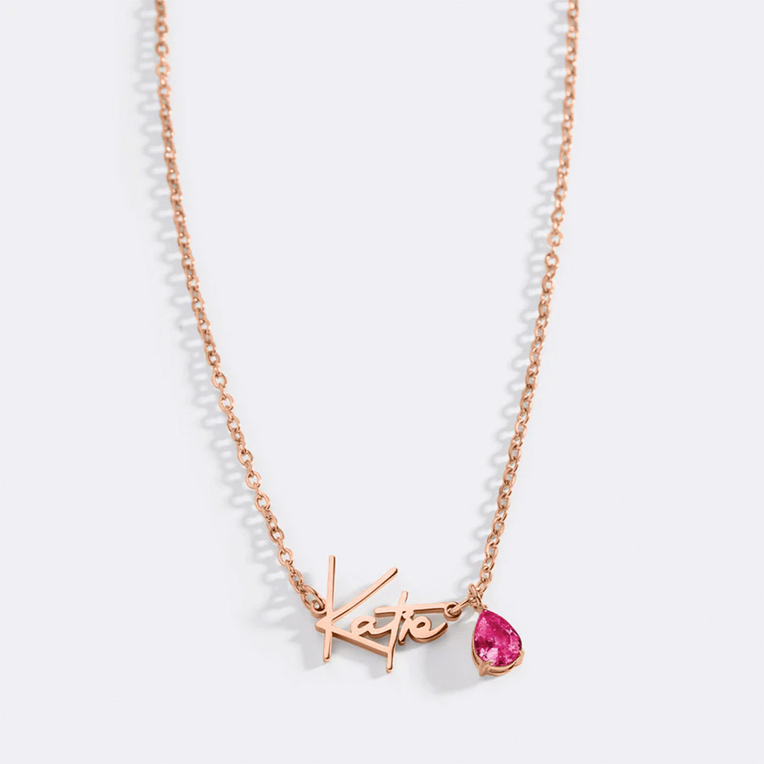 Handmade Birthstone Name Necklace in rose gold tone with July birthstone