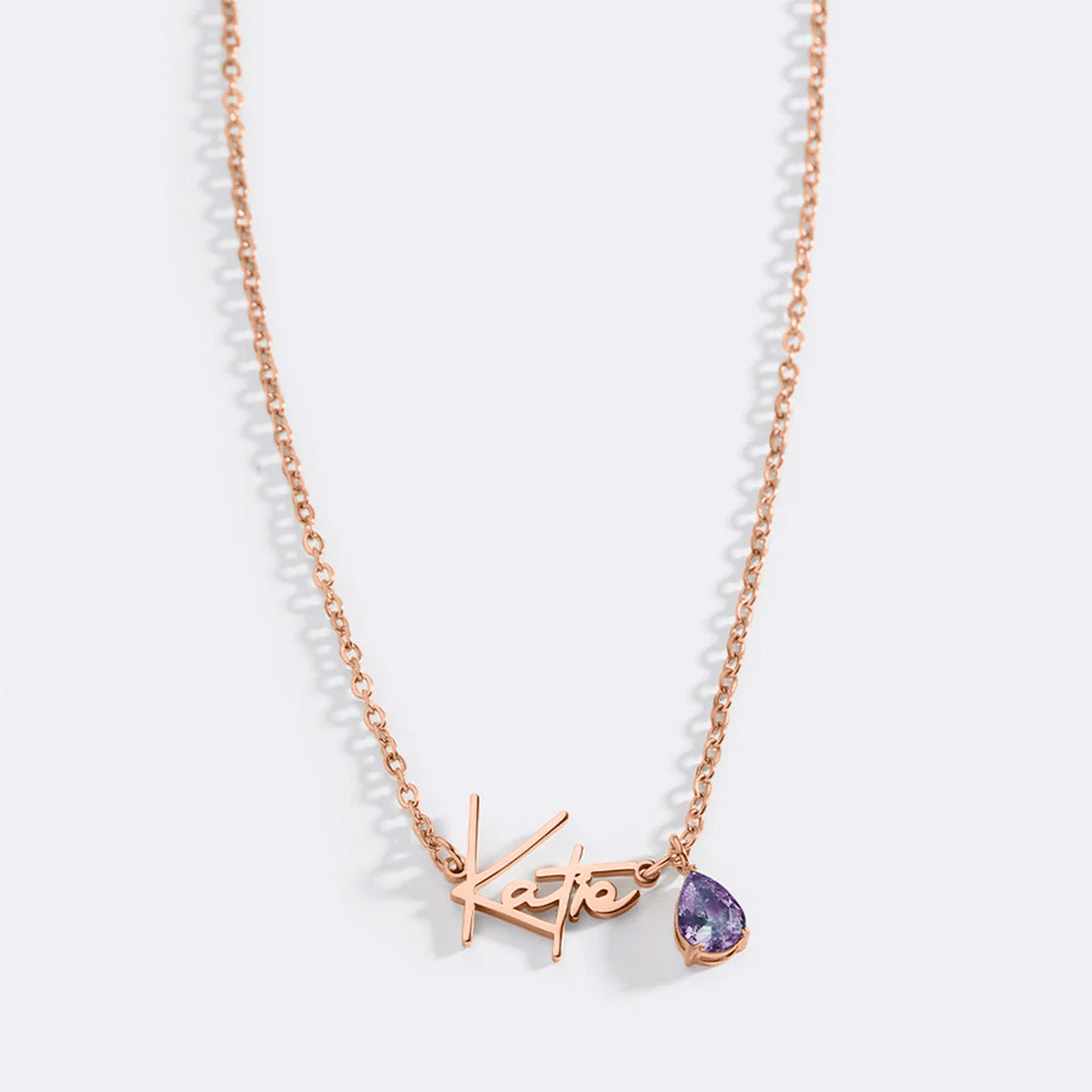 Handmade Birthstone Name Necklace in rose gold tone with June birthstone