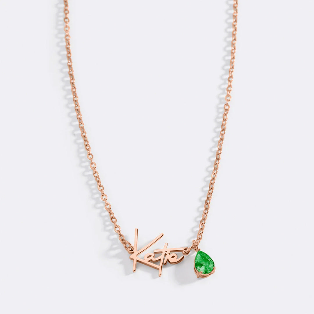 Handmade Birthstone Name Necklace in rose gold tone with May birthstone