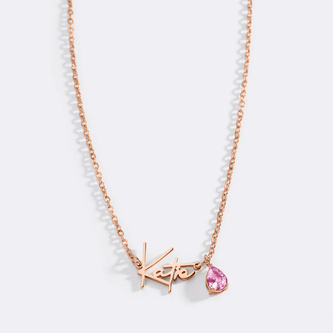 Handmade Birthstone Name Necklace in rose gold tone with October birthstone