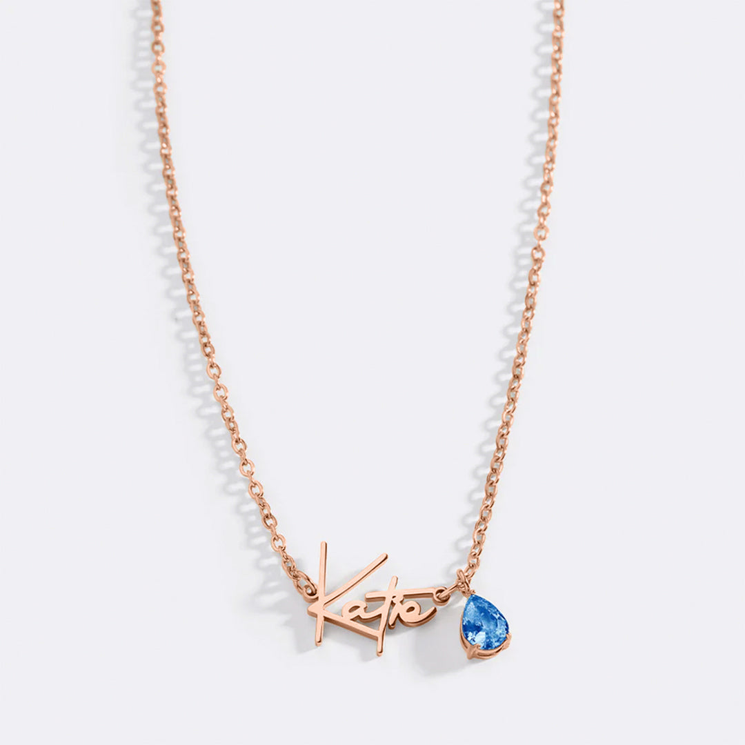 Handmade Birthstone Name Necklace in rose gold tone with September birthstone