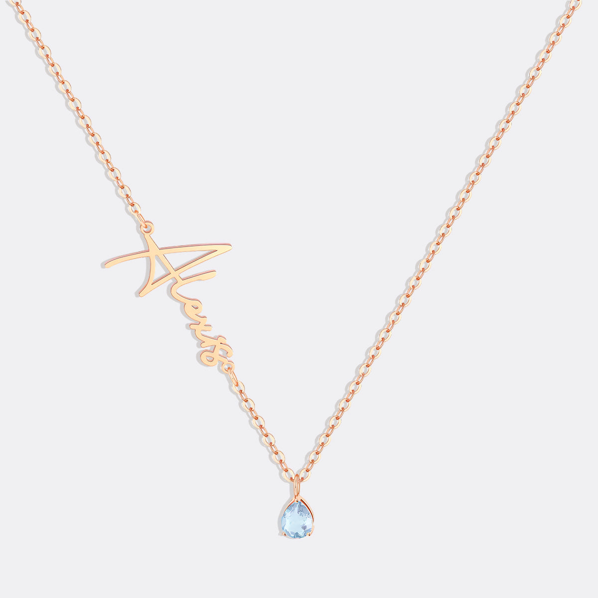 Handmade Birthstone Name Necklace in rose gold tone with March birthstone