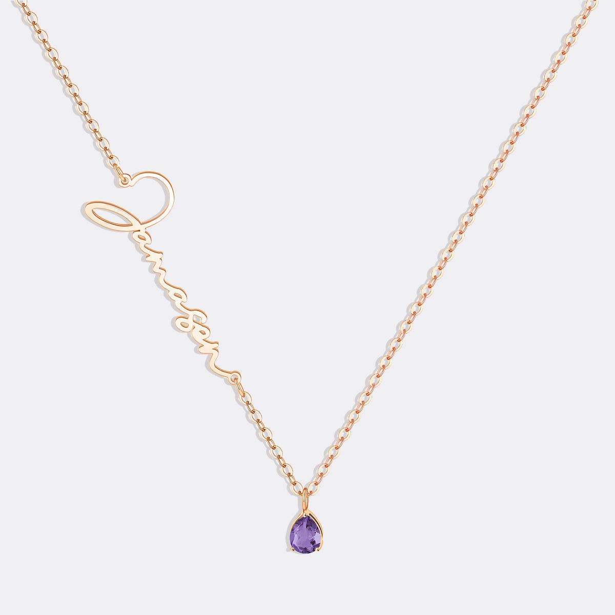 Handmade Birthstone Name Necklace in rose gold tone with February birthstone