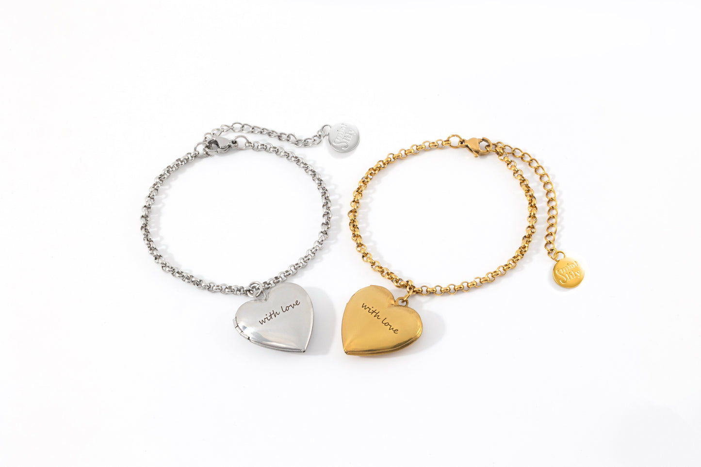 Heart Photo Locket Bracelet with Engraving, flat lay detail