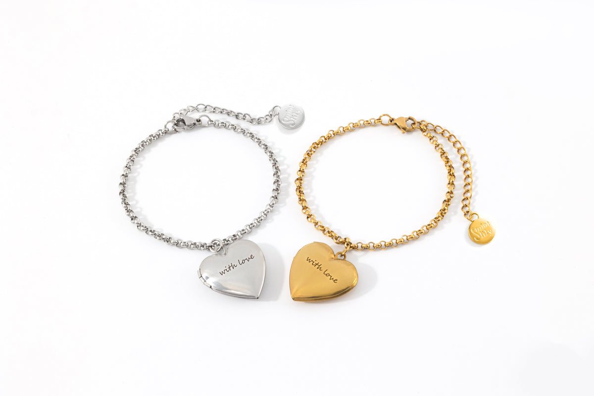 Heart Photo Locket Bracelet with Engraving, flat lay detail