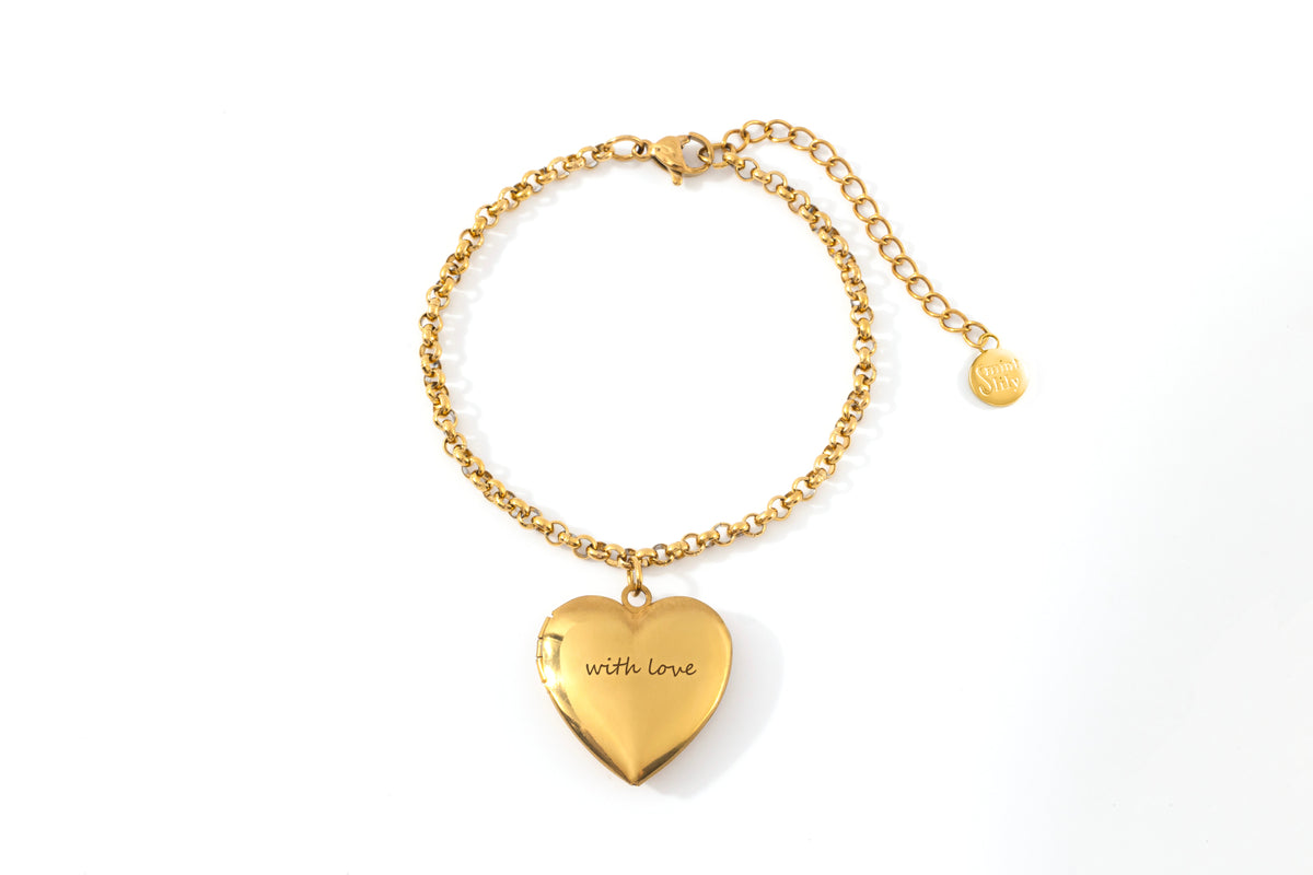Heart Photo Locket Bracelet with Engraving in gold tone