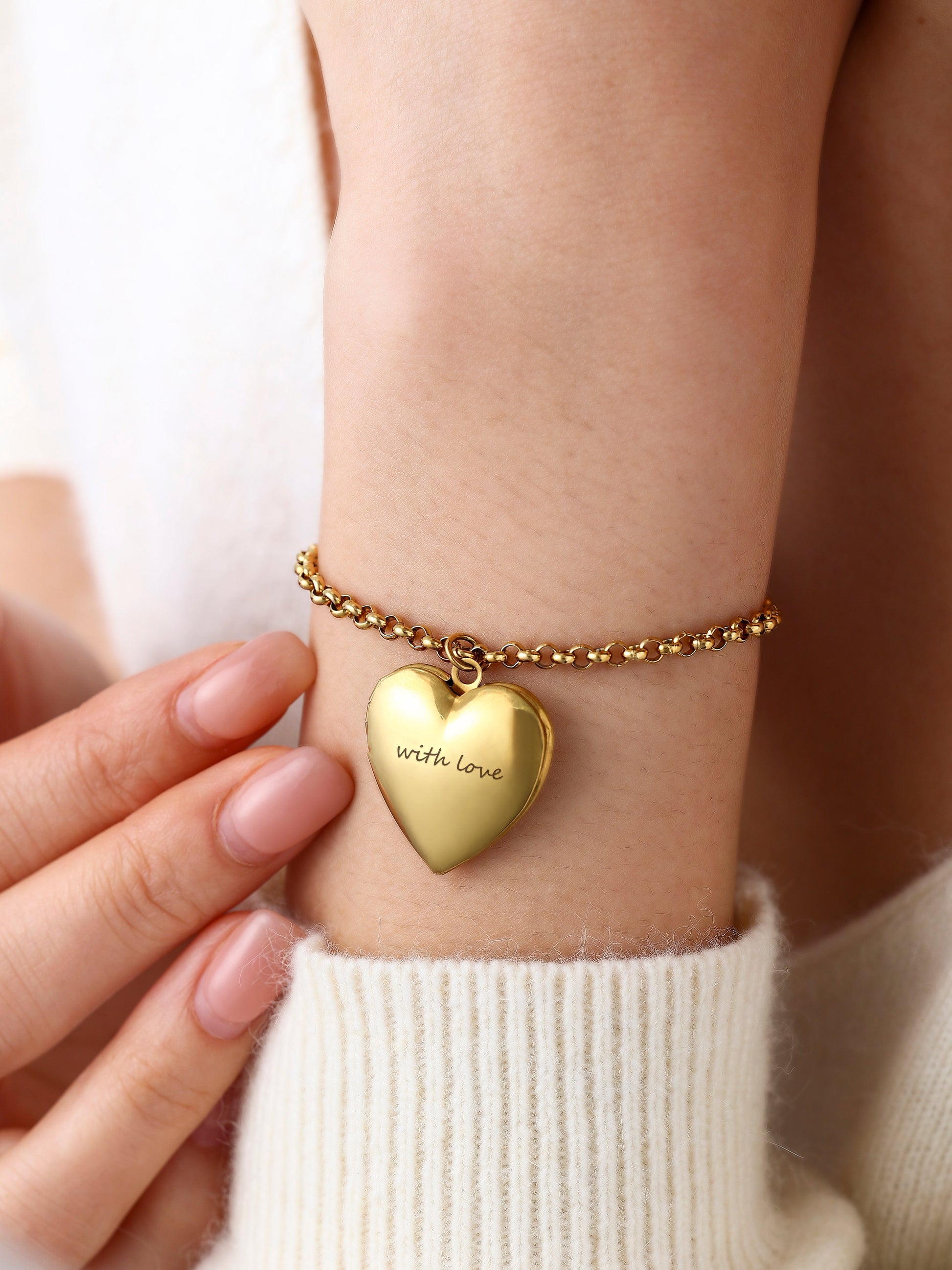 Heart Photo Locket Bracelet with Engraving, worn on a model