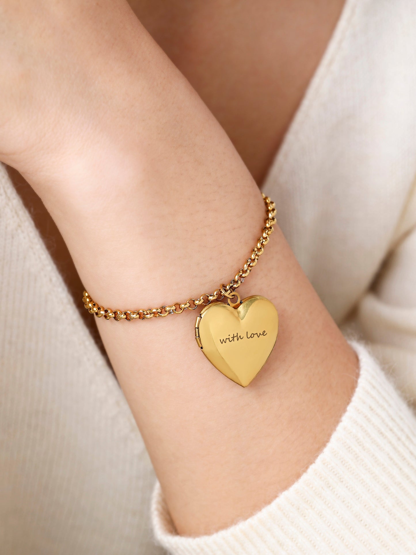 Heart Photo Locket Bracelet with Engraving, worn on a model