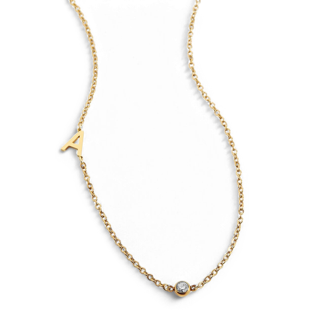 Initial Necklace with Birthstone Accent with April birthstone