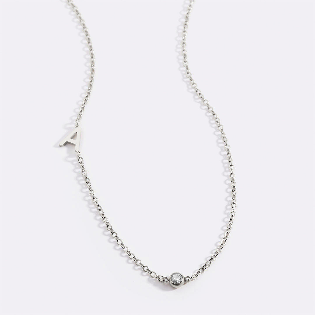 Initial Necklace with Birthstone Accent in 925 sterling silver with April birthstone