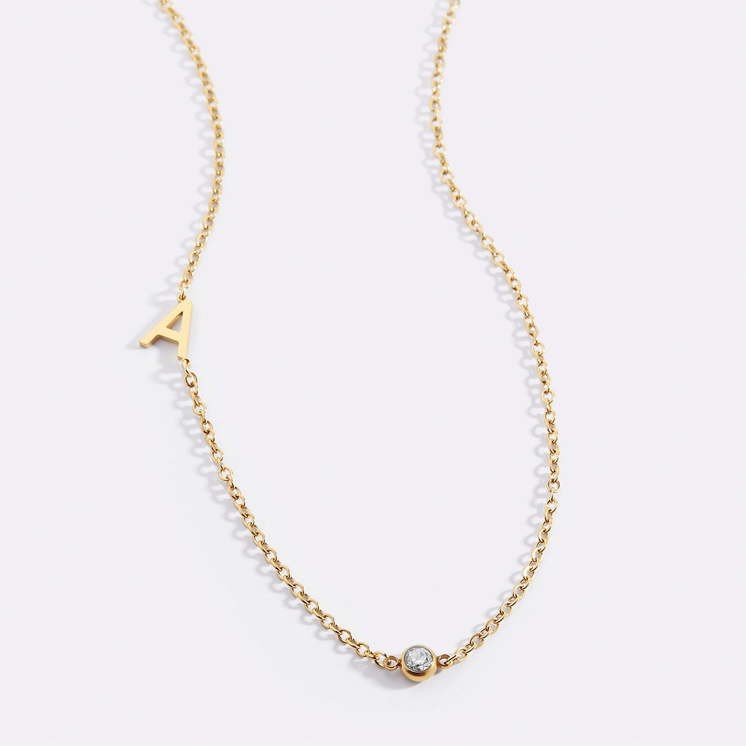 Initial Necklace with Birthstone Accent with April birthstone