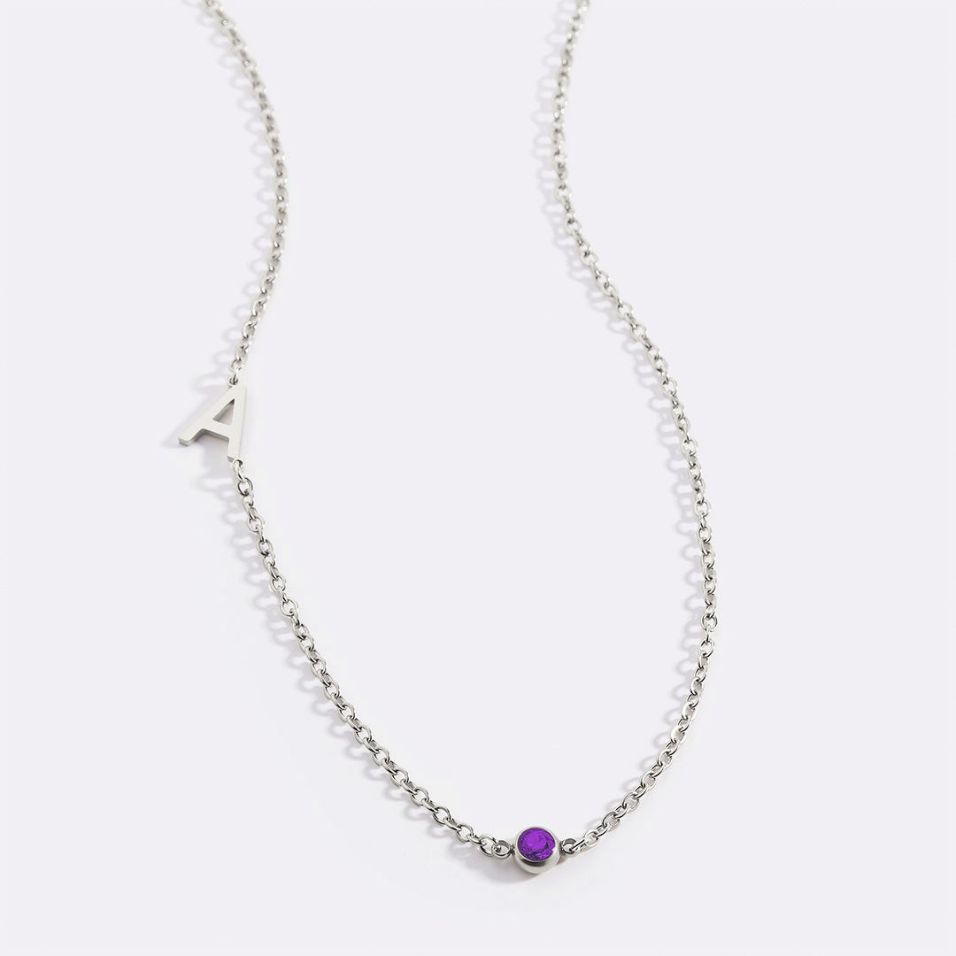 Initial Necklace with Birthstone Accent in 925 sterling silver with February birthstone