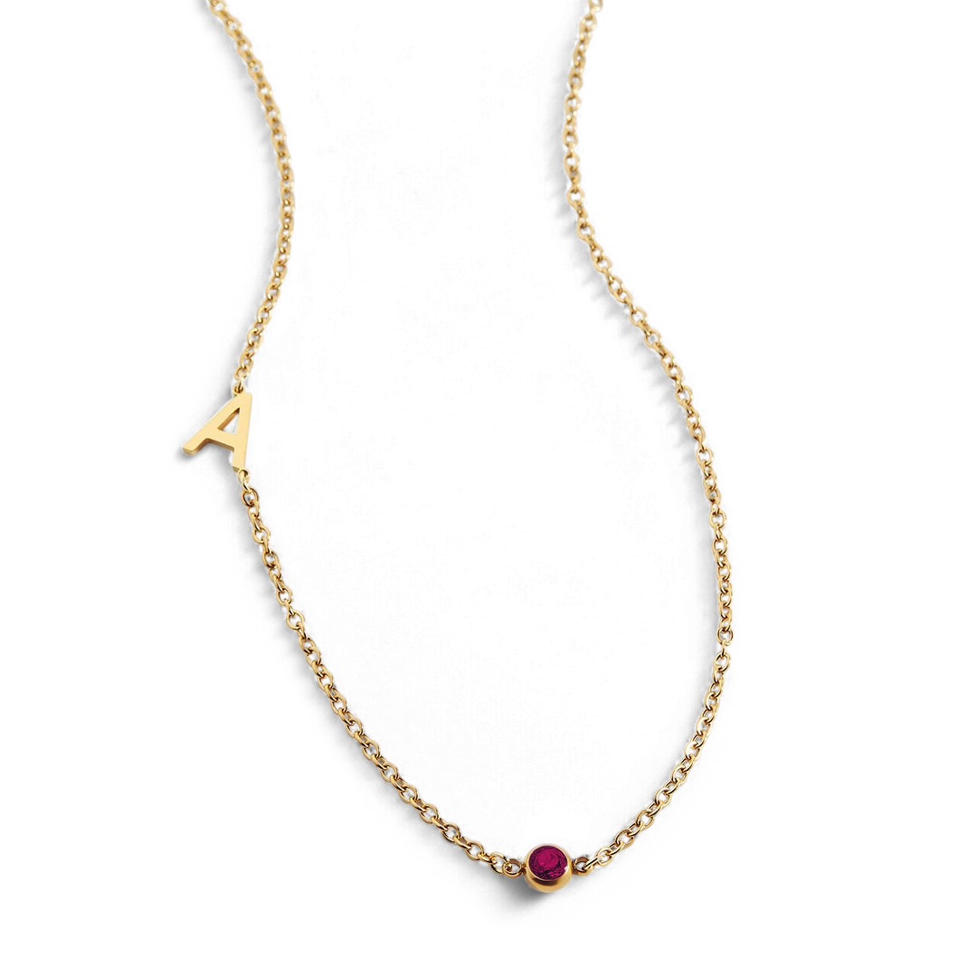 Initial Necklace with Birthstone Accent with July birthstone