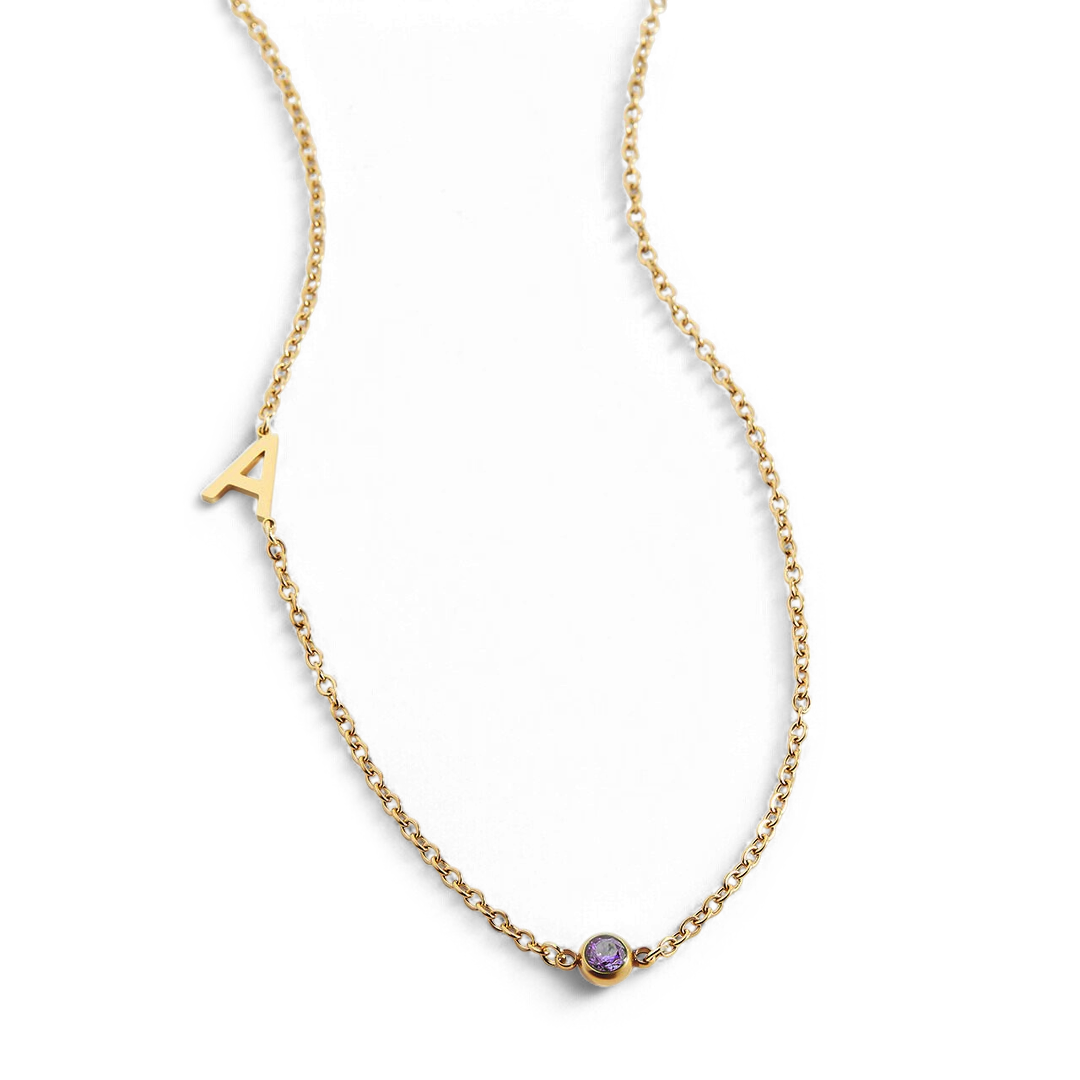 Initial Necklace with Birthstone Accent with June birthstone